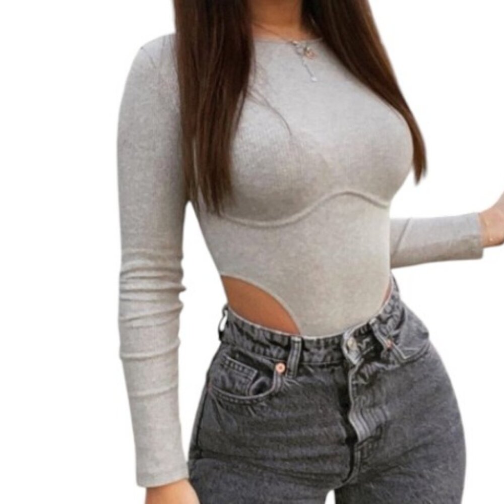 Zara Long Sleeve Ribbed High Cut Bodysuit